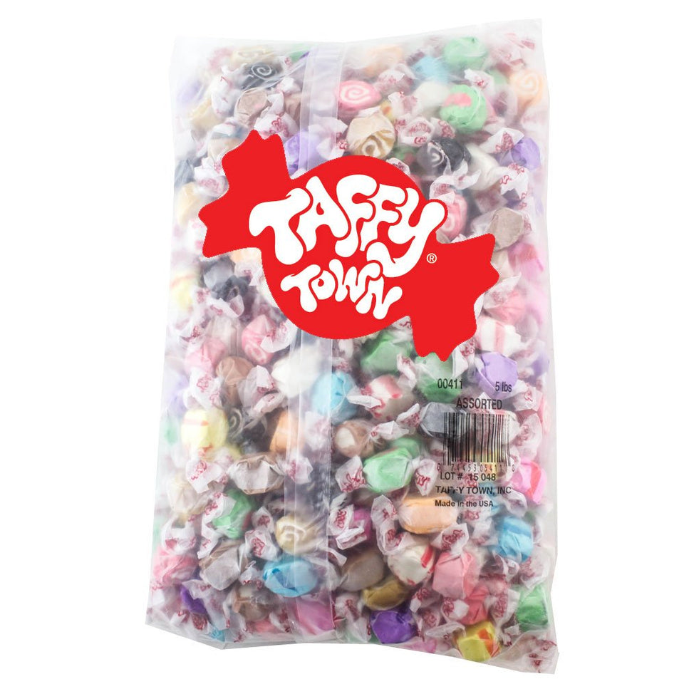 Taffy Town assorted salt water taffy product shot highlighting chewy, flavorful 5 lb bag