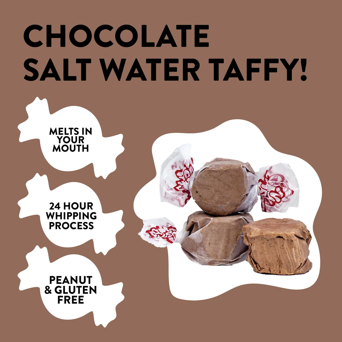 Taffy Town Chocolate Saltwater Taffy close-up shows creamy, fluffy texture.