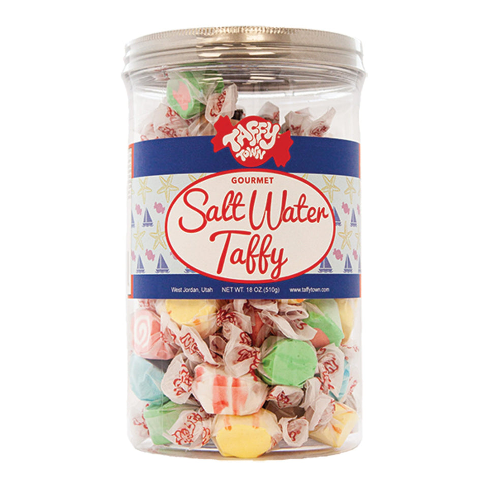 Taffy Town saltwater taffy assortment in a bulk can with vibrant flavors for parties