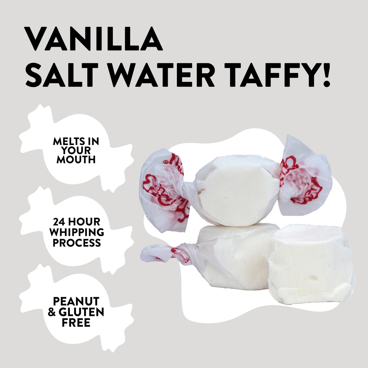 Taffy Town vanilla saltwater taffy unwrapped showing creamy texture.