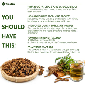 Close-up of Tagalica Dandelion Root Powder texture highlighting additive-free purity.