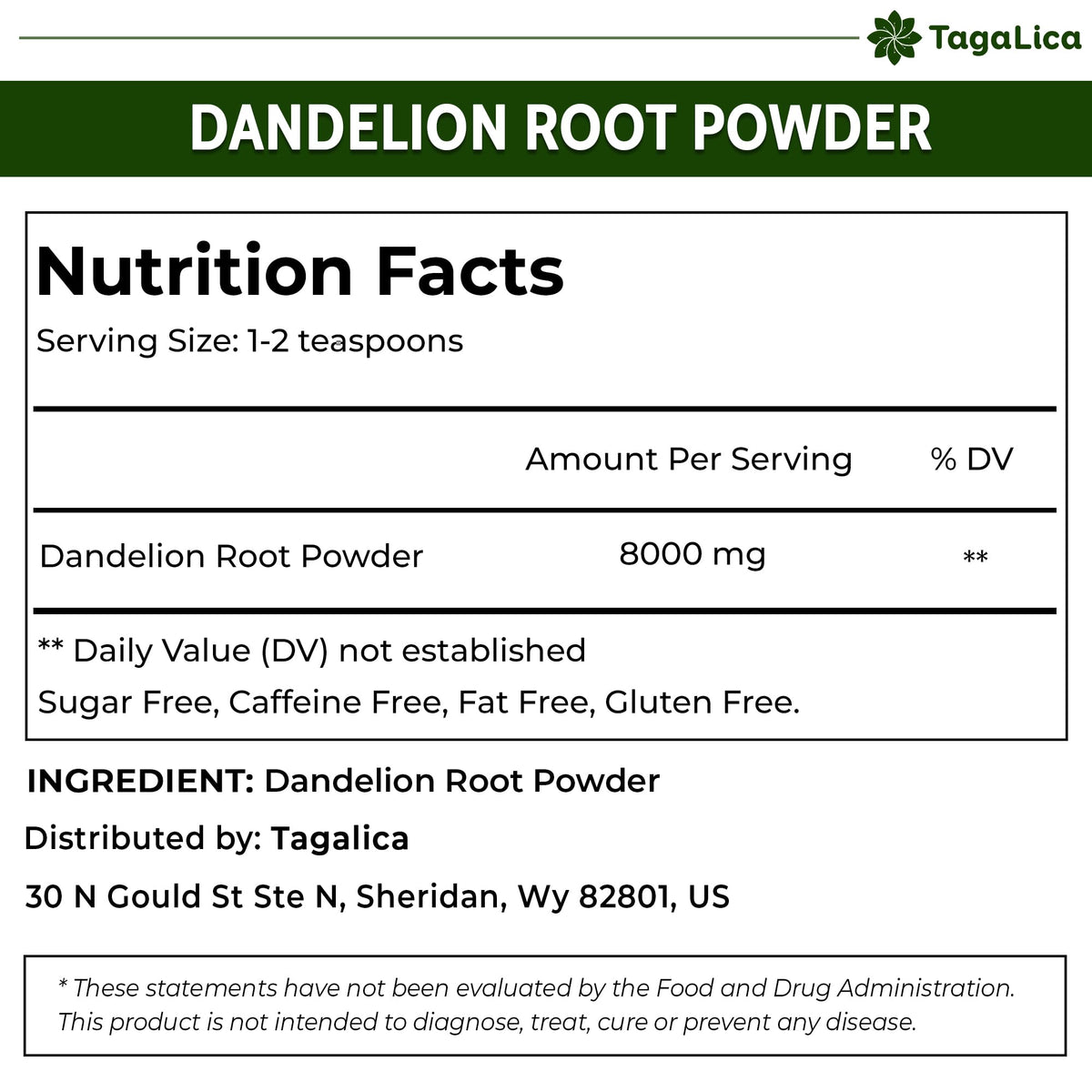 Tagalica Dandelion Root Powder ingredients list closeup confirms no additives.
