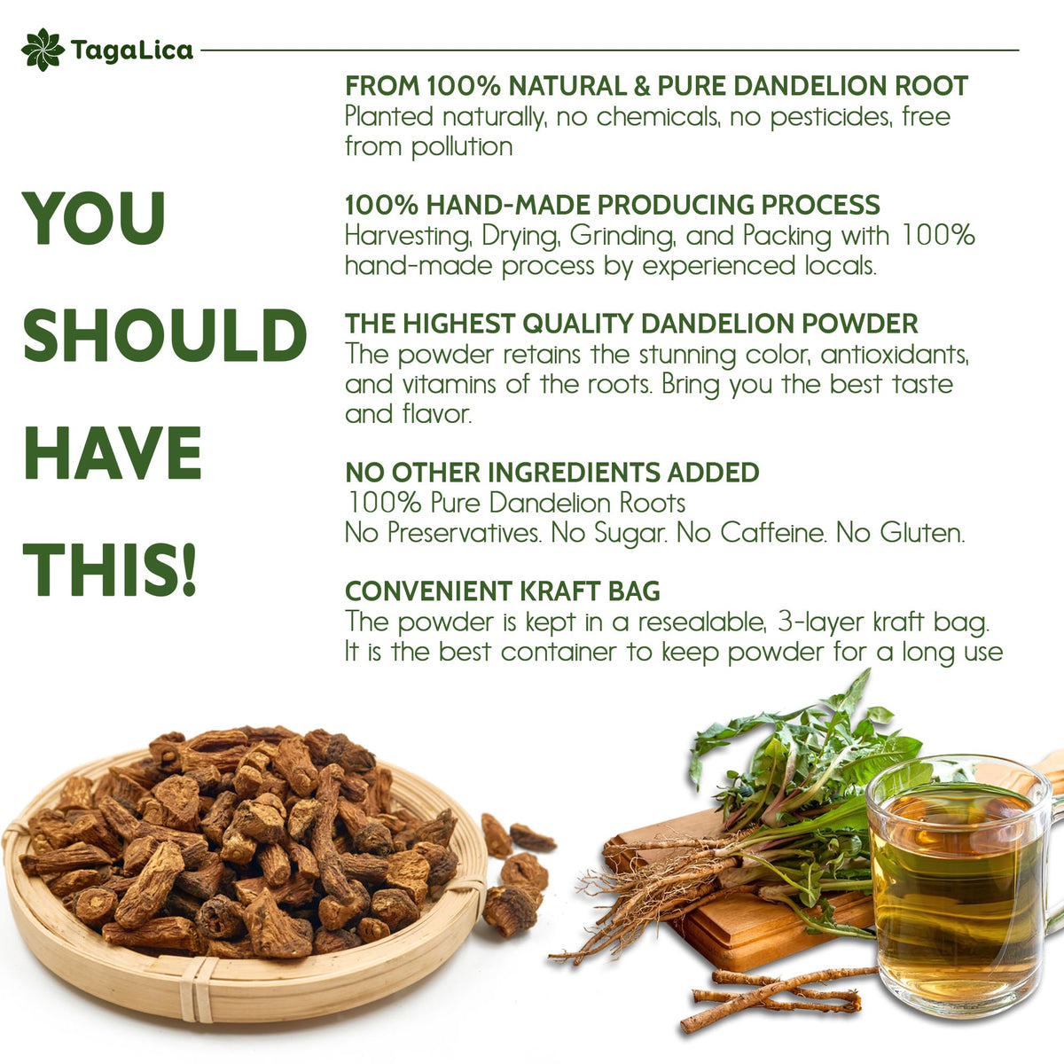 Tagalica Dandelion Root Powder jar closeup highlights pure, natural roots for authentic flavor.