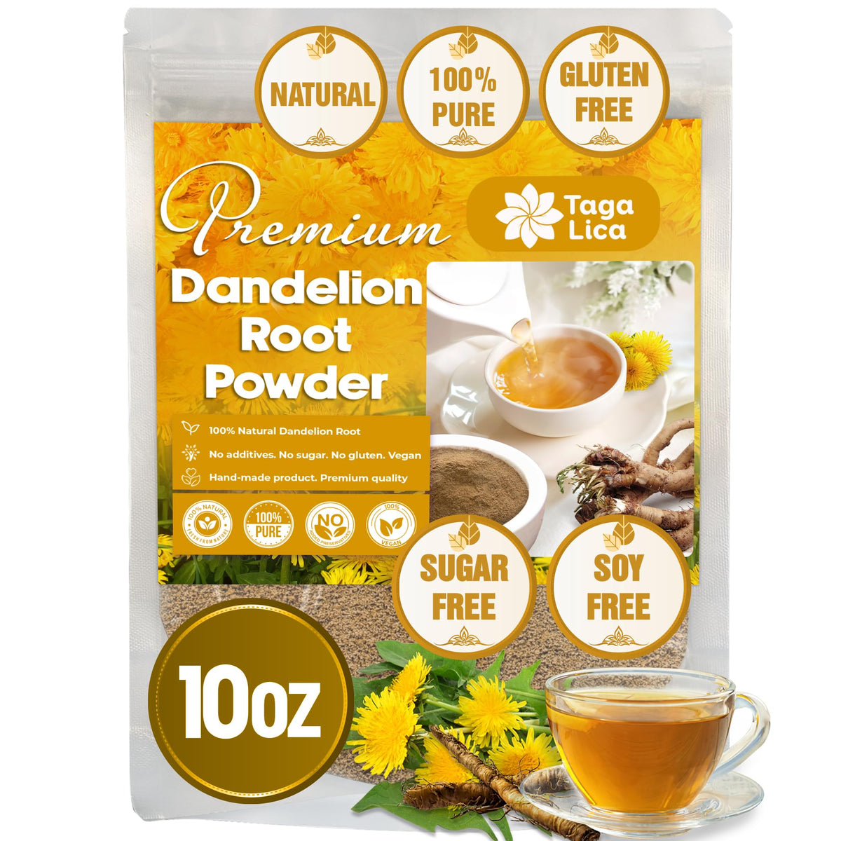 Tagalica Dandelion Root Powder packaging shows a premium, additive-free product for daily tea and cooking.