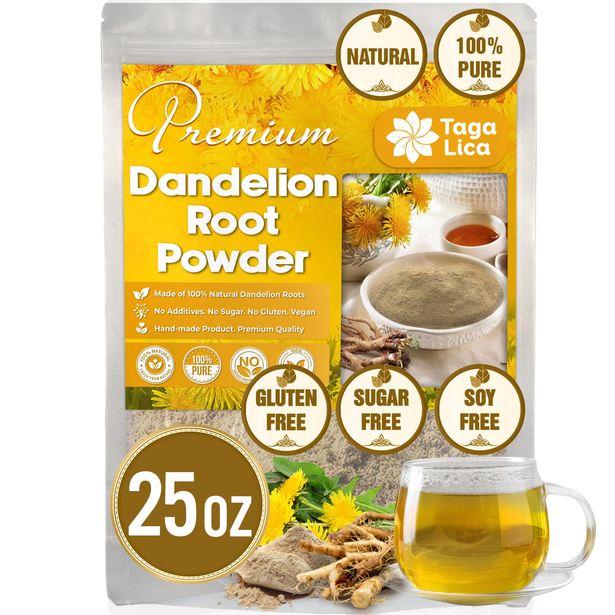 Tagalica Dandelion Root Powder packaging highlighting purity and premium quality.