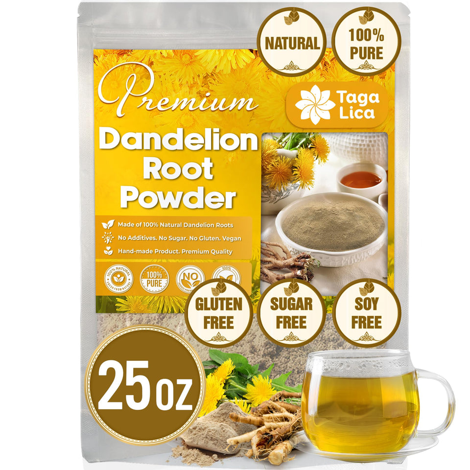 Tagalica Dandelion Root Powder packaging highlighting purity and premium quality.