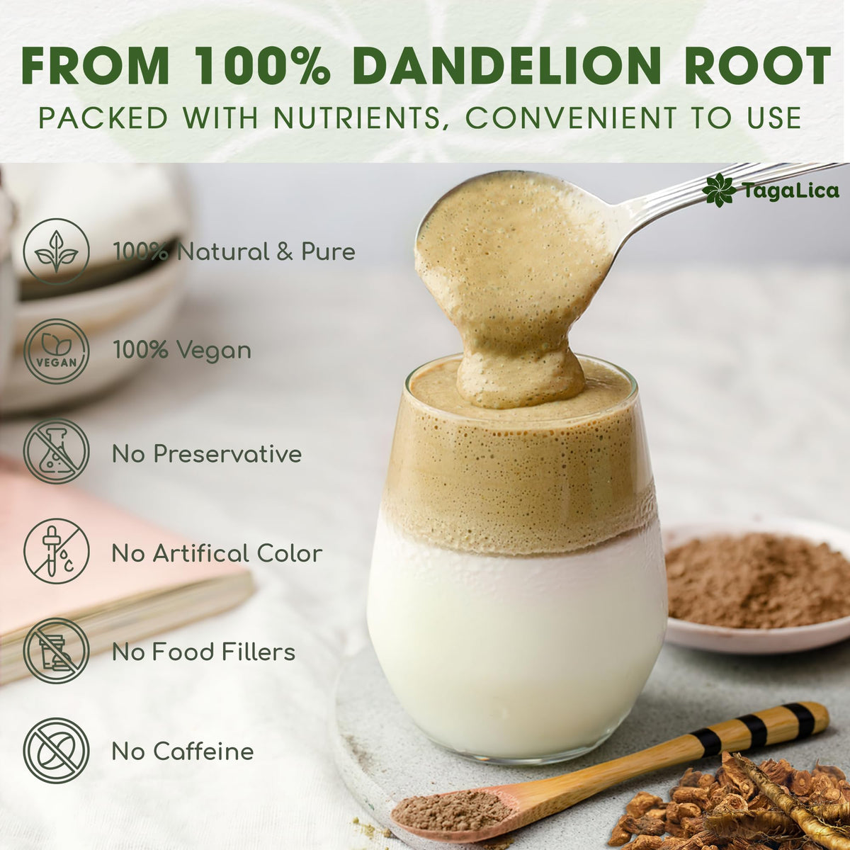 Tagalica Dandelion Root Powder tea brew demonstrates caffeine-free option for warm beverages.
