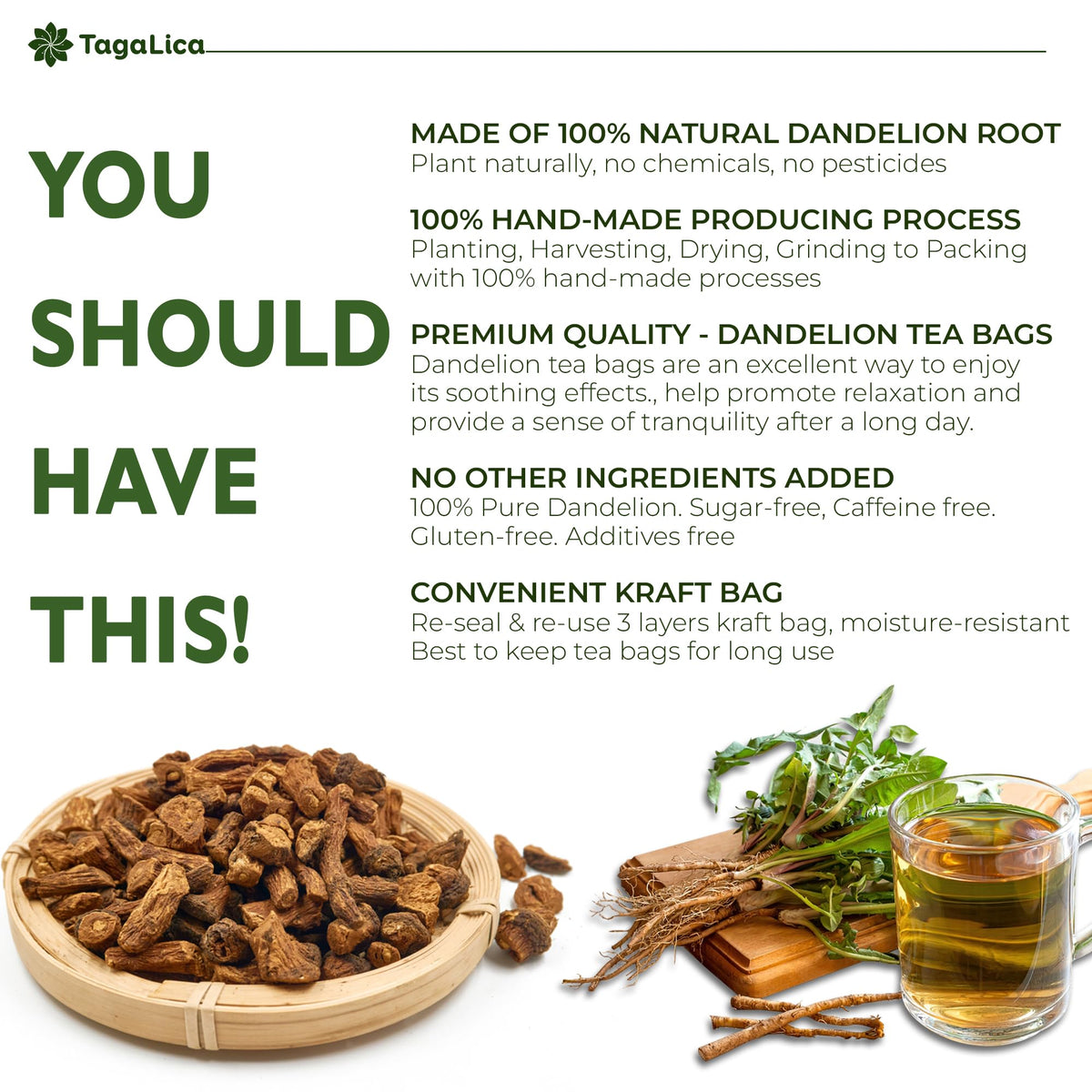 Tagalica dandelion tea bag closeup shows natural, pesticide-free roots