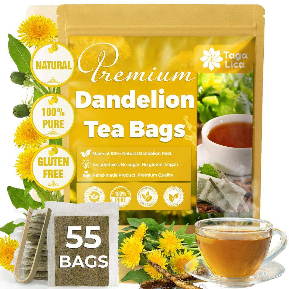 TagalicaTa premium dandelion tea bags pack shot, eco-friendly packaging.