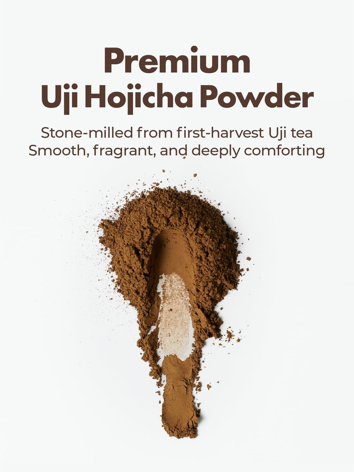 Tagashira Chaho Hojicha Powder scoop dispensing powder for cozy drinks.