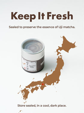 Tagashira Chaho Hojicha Powder tin closeup highlights resealable packaging.