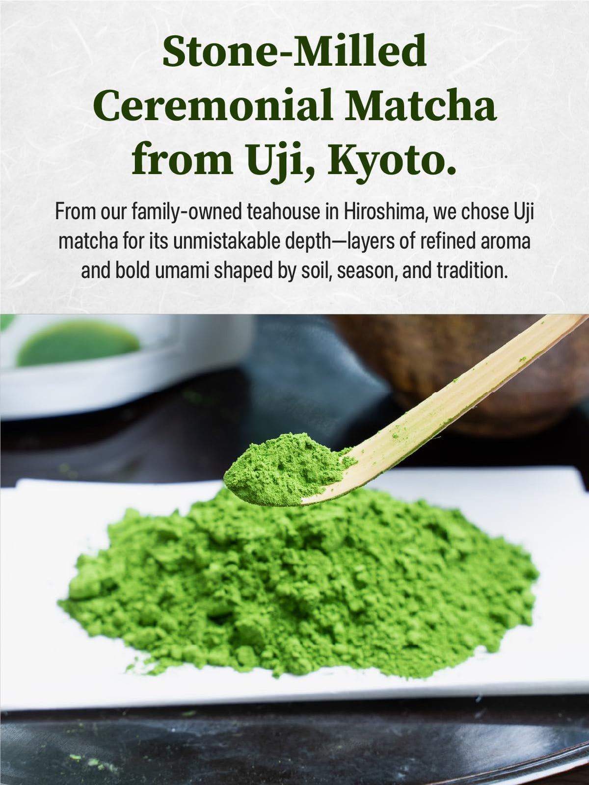 Tagashira Chaho Saga no Mukashi stone-mill process reveals vibrant green color and delicate aroma.
