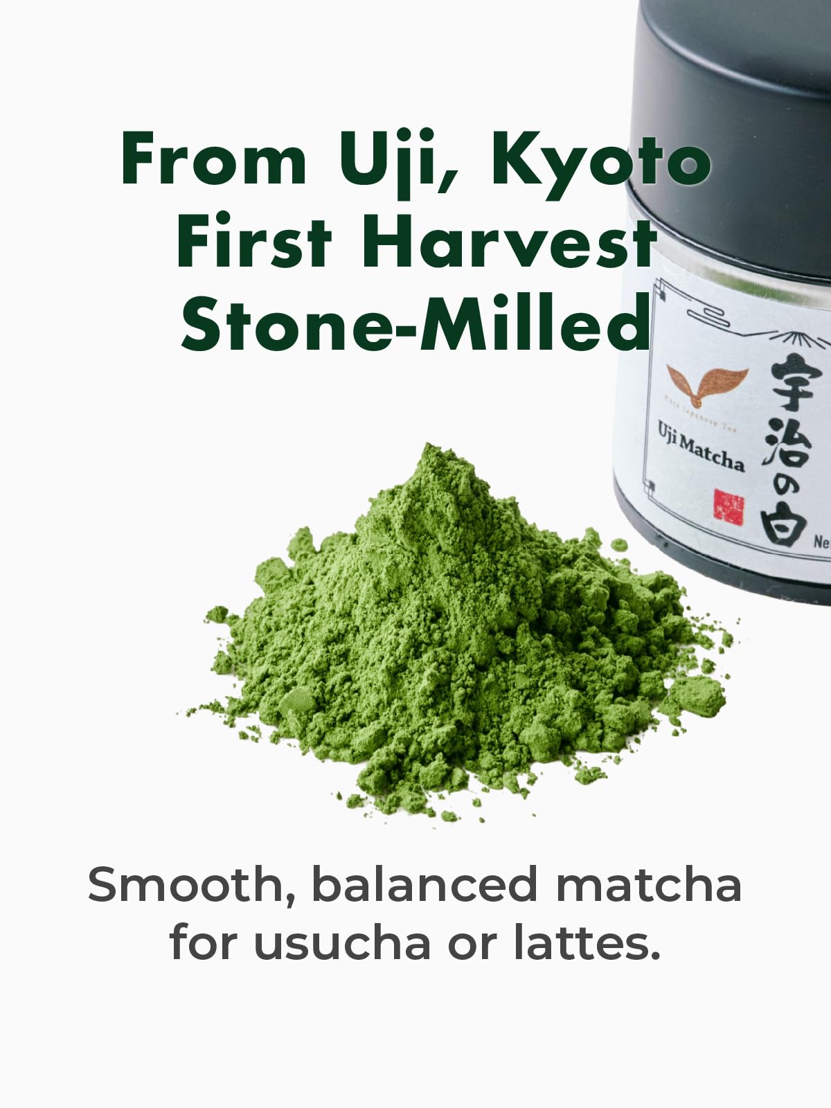 TAGASHIRA CHAHO Uji no Shiro matcha powder closeup showing vibrant emerald texture.