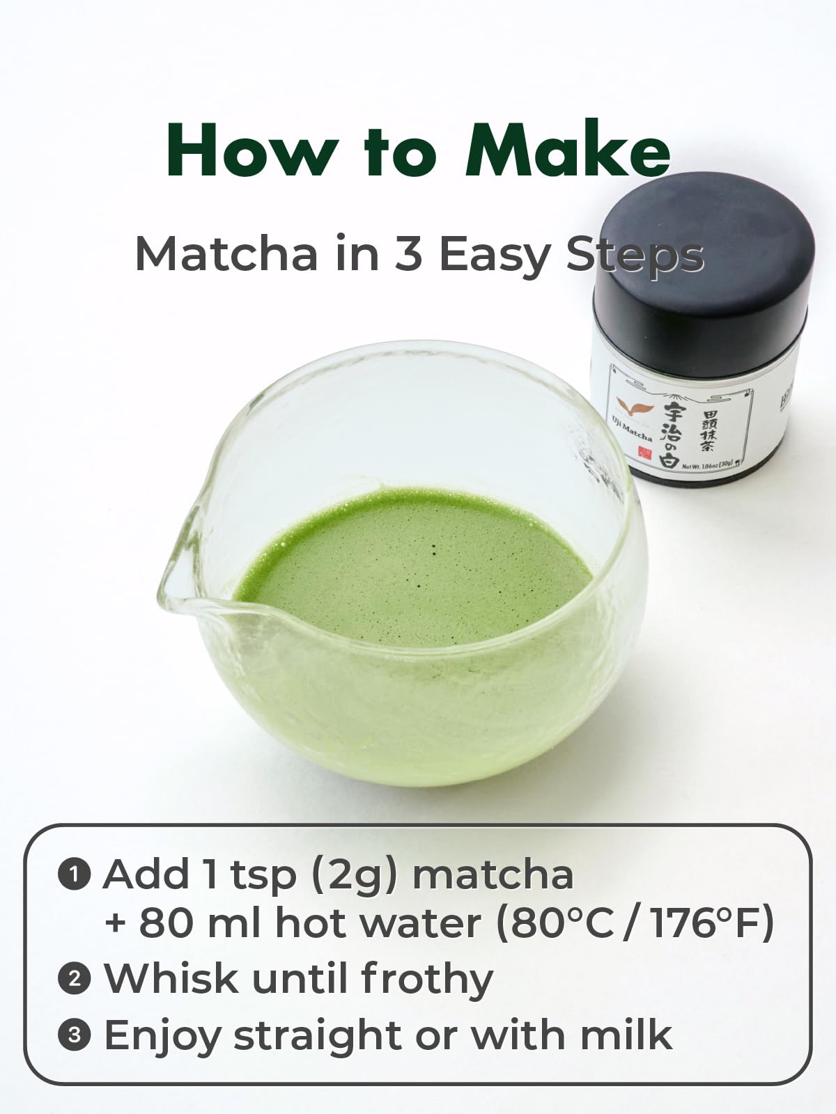 TAGASHIRA CHAHO Uji no Shiro stone-milled texture yields silky powder.