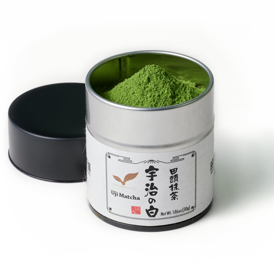 TAGASHIRA CHAHO Uji no Shiro tin packaging for ceremonial-grade matcha and whisking.
