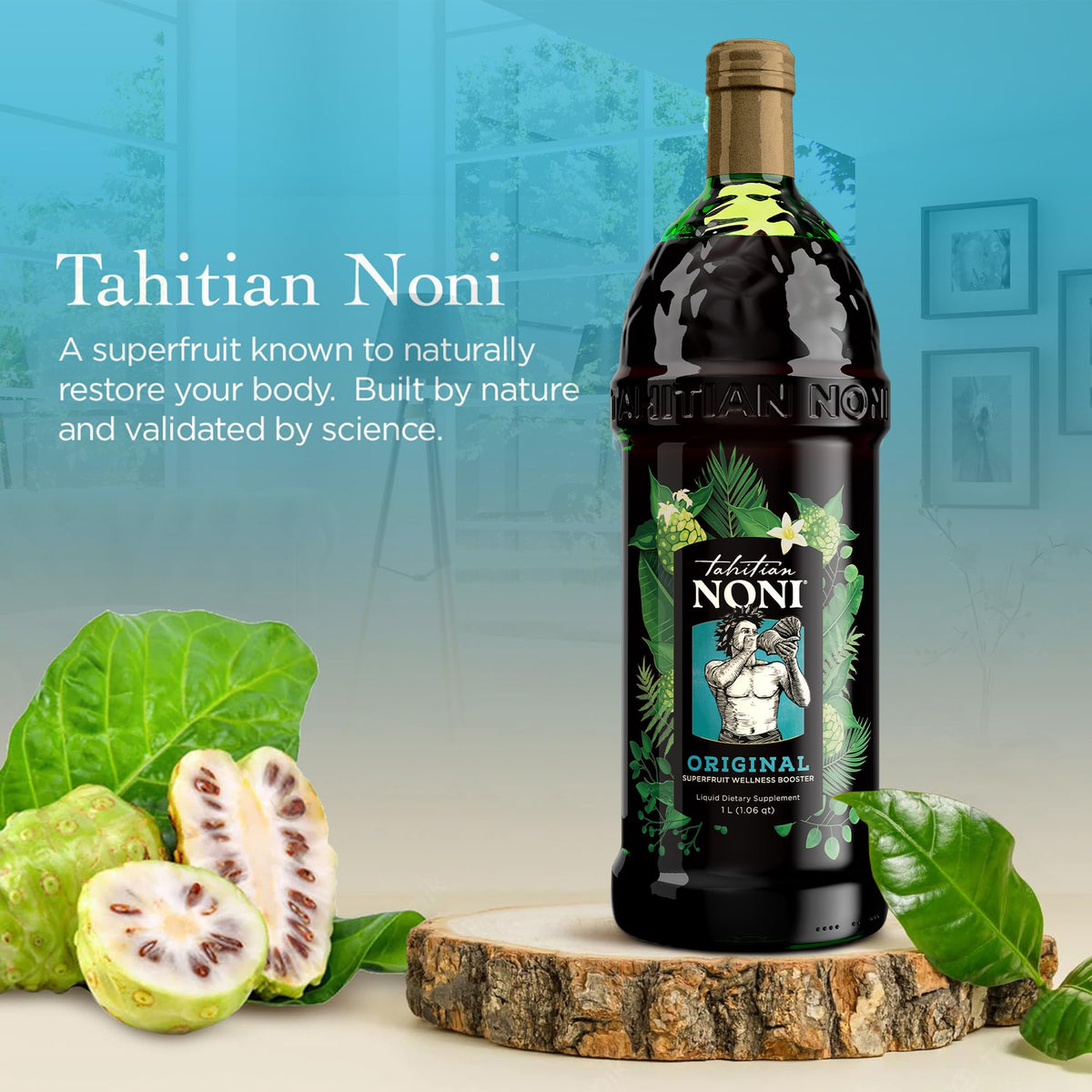 Tahitian Noni juice bottle pour, ready to mix with water or fruit.