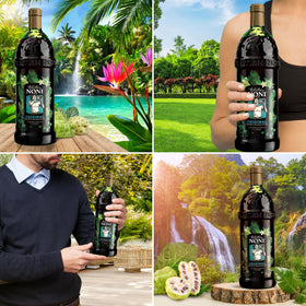 Tahitian Noni wellness scene with family enjoying a natural beverage.