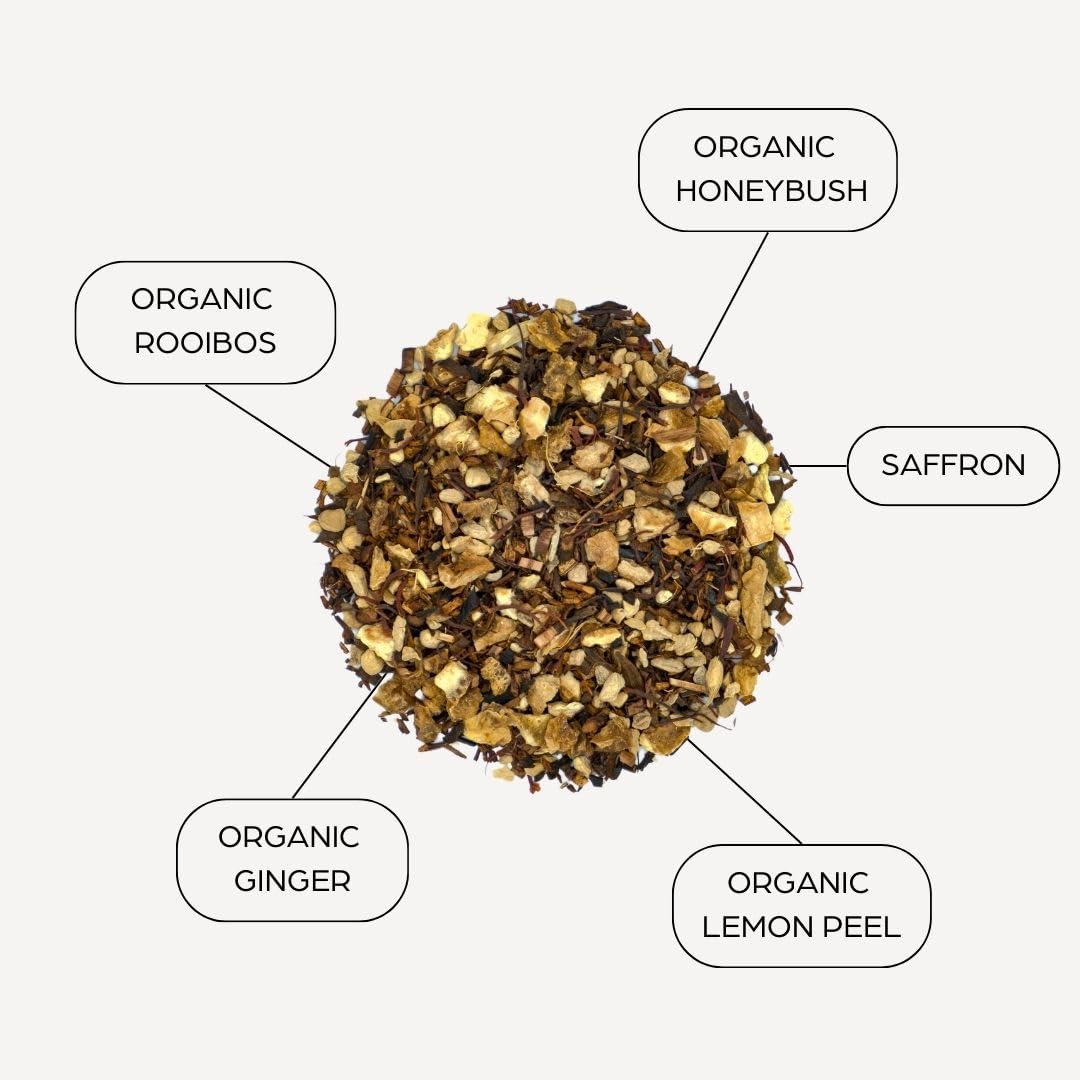 Tahmina saffron rooibos tea pack back with ingredients and sourcing notes