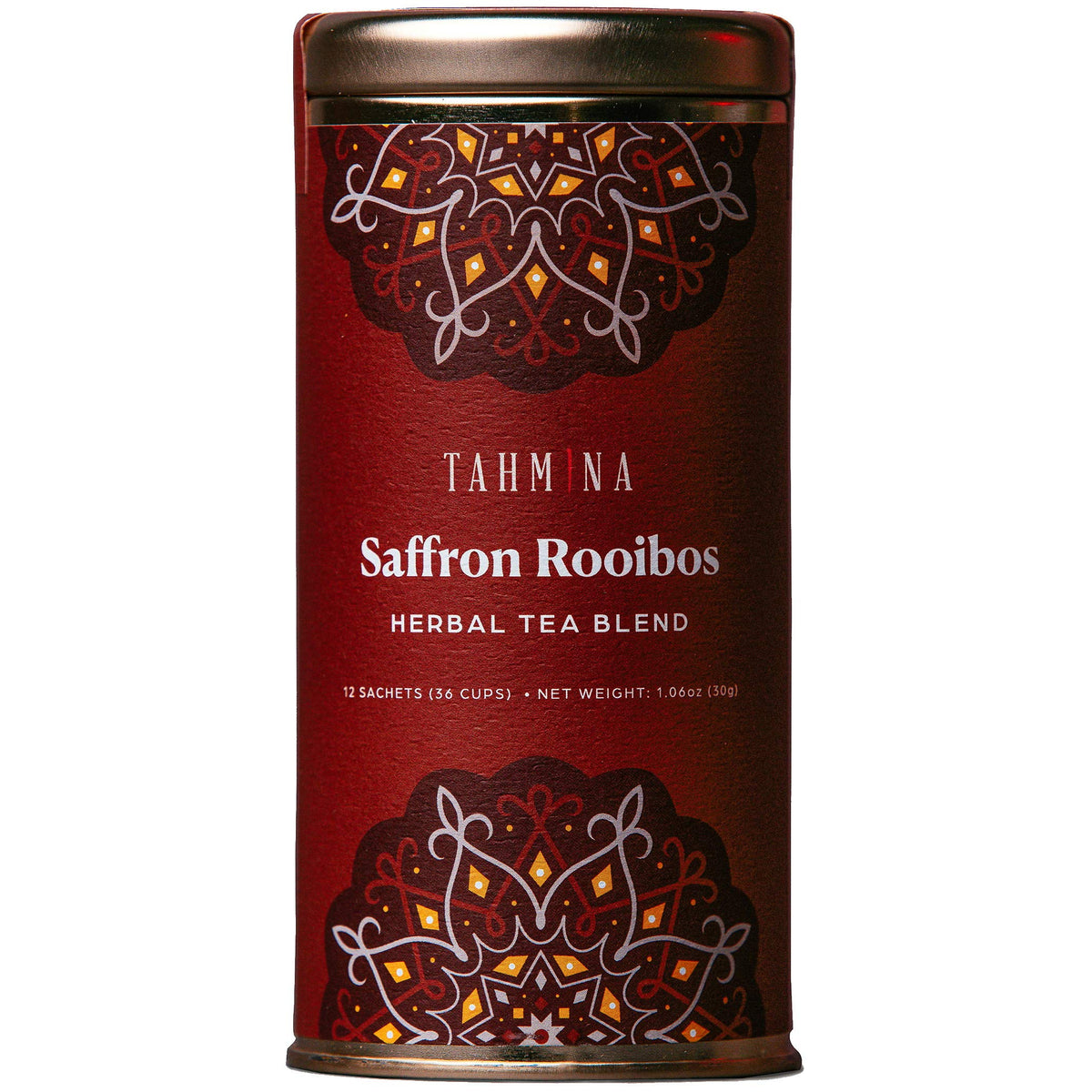 Tahmina saffron rooibos tea pack front showing brand logo and 12 pyramid bags