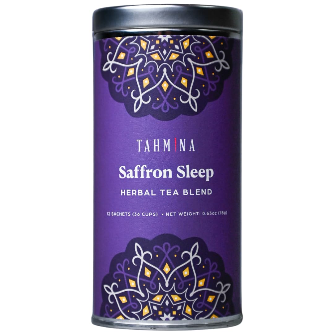 Tahmina Saffron Sleep Tea canister with chamomile and lavender, inviting evening relaxation