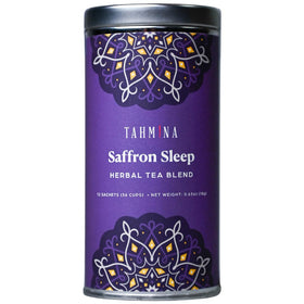 Tahmina Saffron Sleep Tea canister with chamomile and lavender, inviting evening relaxation