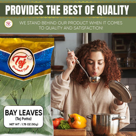 TAJ Gourmet Bay Leaves in bath scene suggests relaxing, earthy aroma.