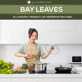 TAJ Gourmet Bay Leaves in soup shot demonstrates rich flavor infusion.