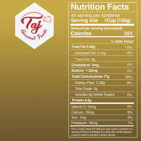 TAJ Gourmet Brown Basmati Rice, cooked grains steaming, ready for meals.