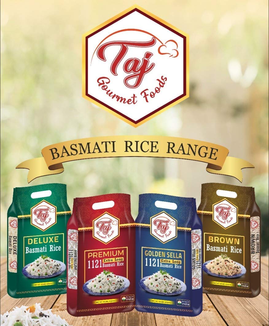 TAJ Gourmet Brown Basmati Rice with curries served, fluffy texture.