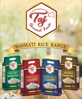 TAJ Gourmet Brown Basmati Rice with curries served, fluffy texture.