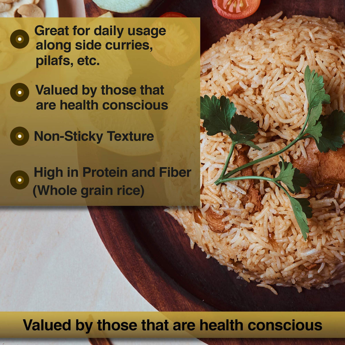 TAJ Gourmet Brown Basmati Rice dry grains closeup, long slender kernels.