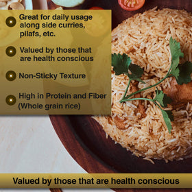 TAJ Gourmet Brown Basmati Rice dry grains closeup, long slender kernels.