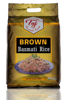 TAJ Gourmet Brown Basmati Rice on Himalayan shelf, ideal for curries.