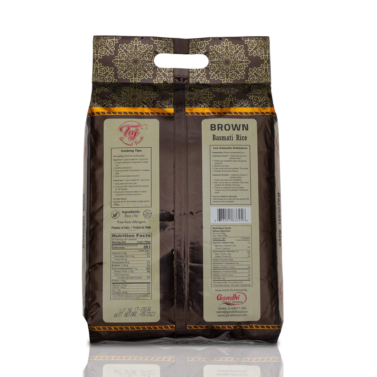 TAJ Gourmet Brown Basmati Rice package closed, preserves nutrients.