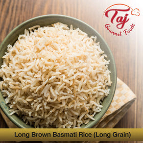 TAJ Gourmet Brown Basmati Rice pot simmering, fragrant aroma fills kitchen.