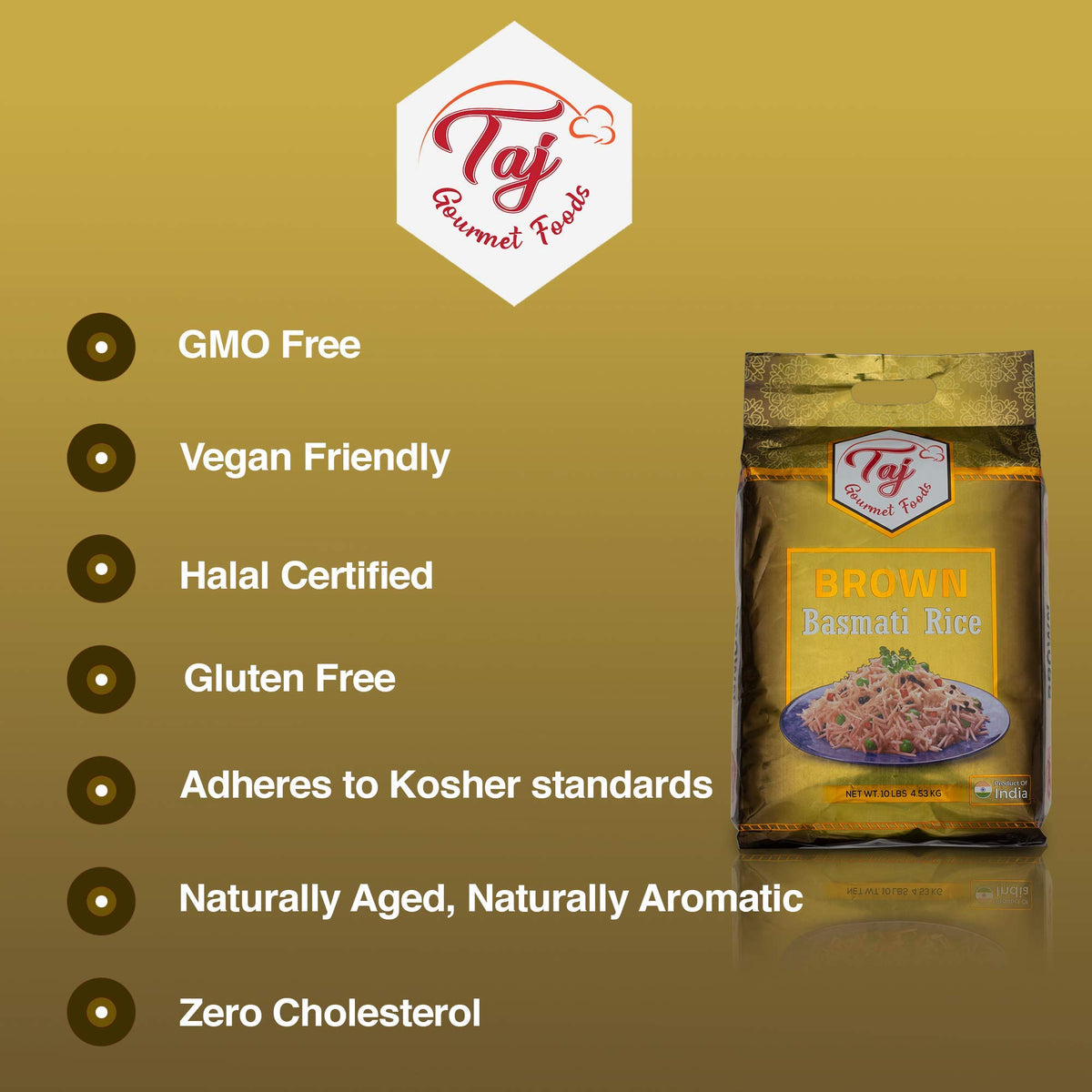 TAJ Gourmet Brown Basmati Rice on shelf display, versatile staple.
