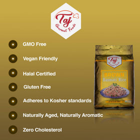 TAJ Gourmet Brown Basmati Rice on shelf display, versatile staple.