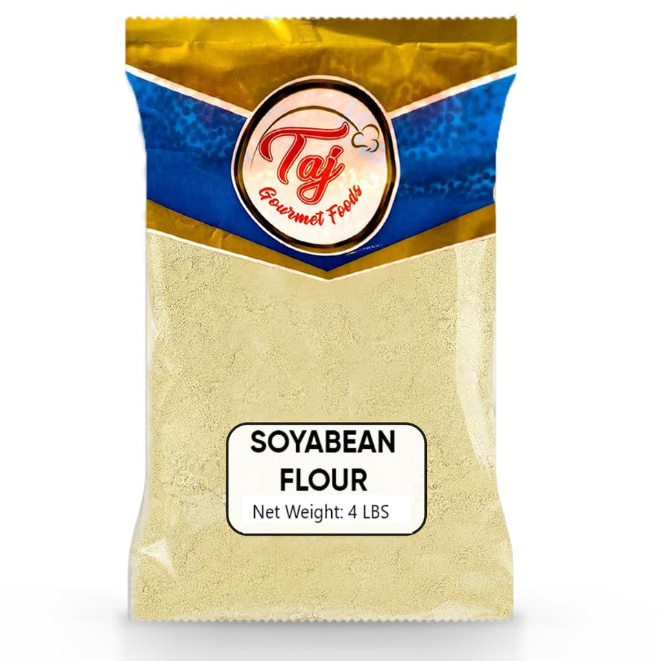 TAJ Gourmet Foods Soya Bean Flour bag closeup showing 4 lb quantity for bulk baking