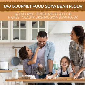 TAJ Gourmet Foods Soya Bean Flour kitchen setting with measuring tools