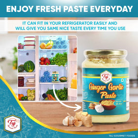 TAJ Gourmet Ginger Garlic Paste with fresh ingredients enhances home-style meals.