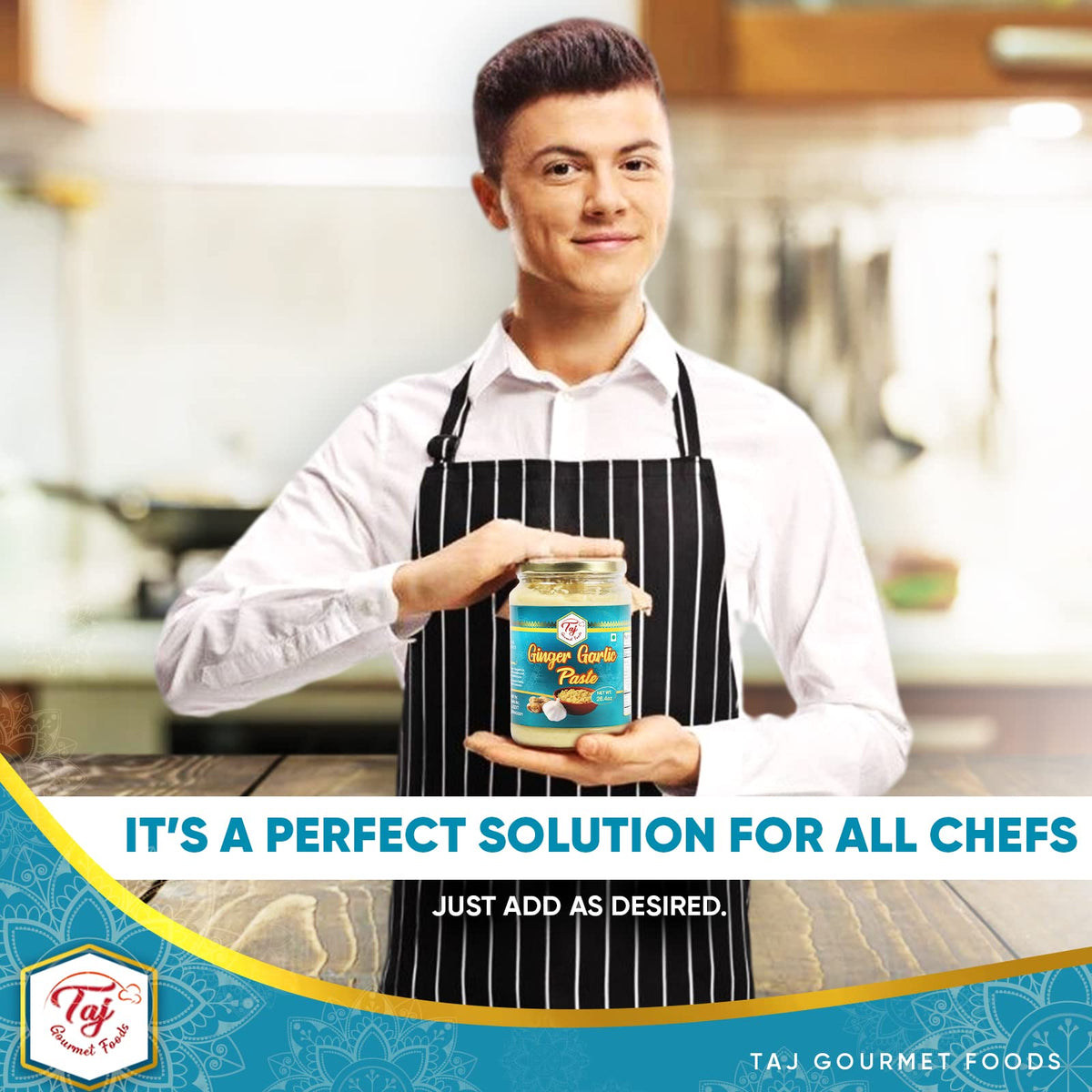 TAJ Gourmet Ginger Garlic Paste in a glass bottle preserves natural aroma.