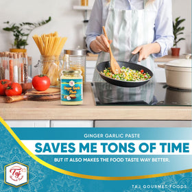 TAJ Gourmet Ginger Garlic Paste ready to use for quick weeknight dishes.