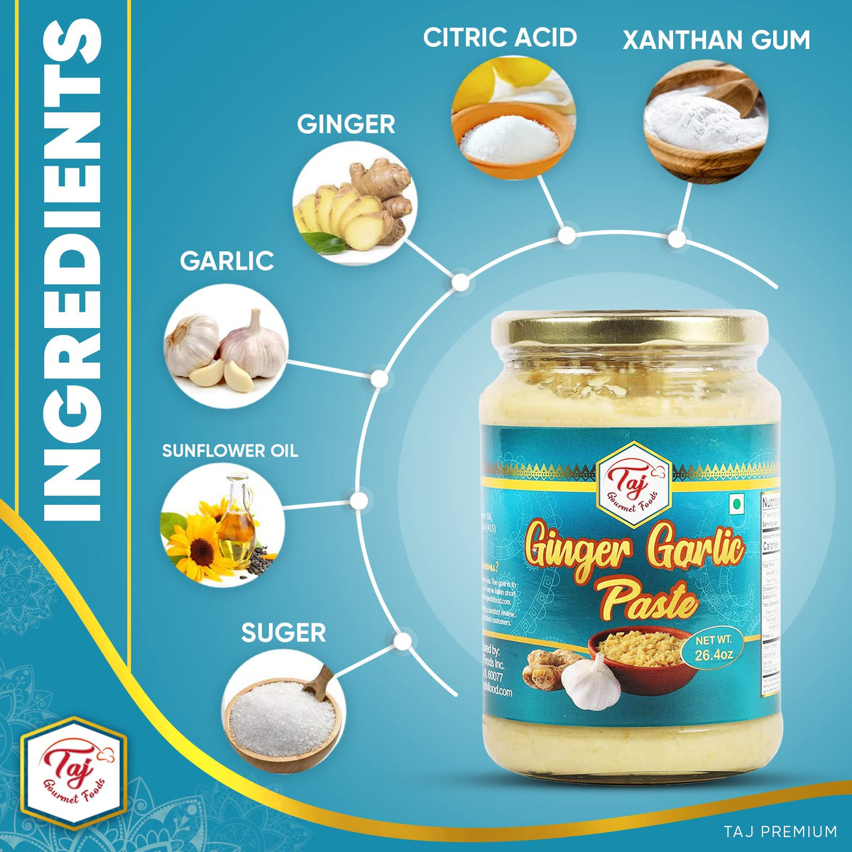 TAJ Gourmet Ginger Garlic Paste on a spoon adds ready-to-use flavor.