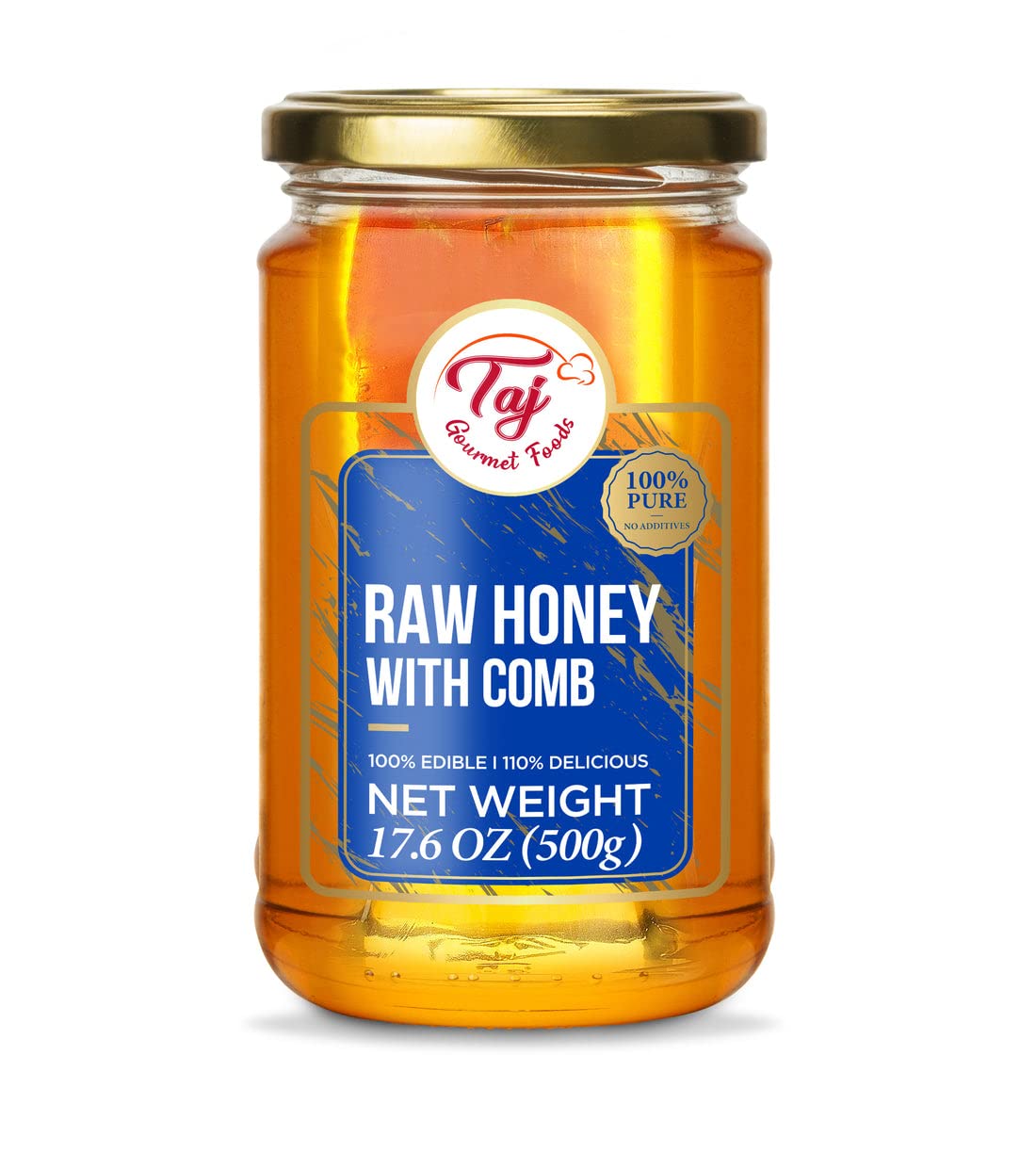 TAJ Gourmet Foods honeycomb on a wooden board, perfect for charcuterie and gifting.