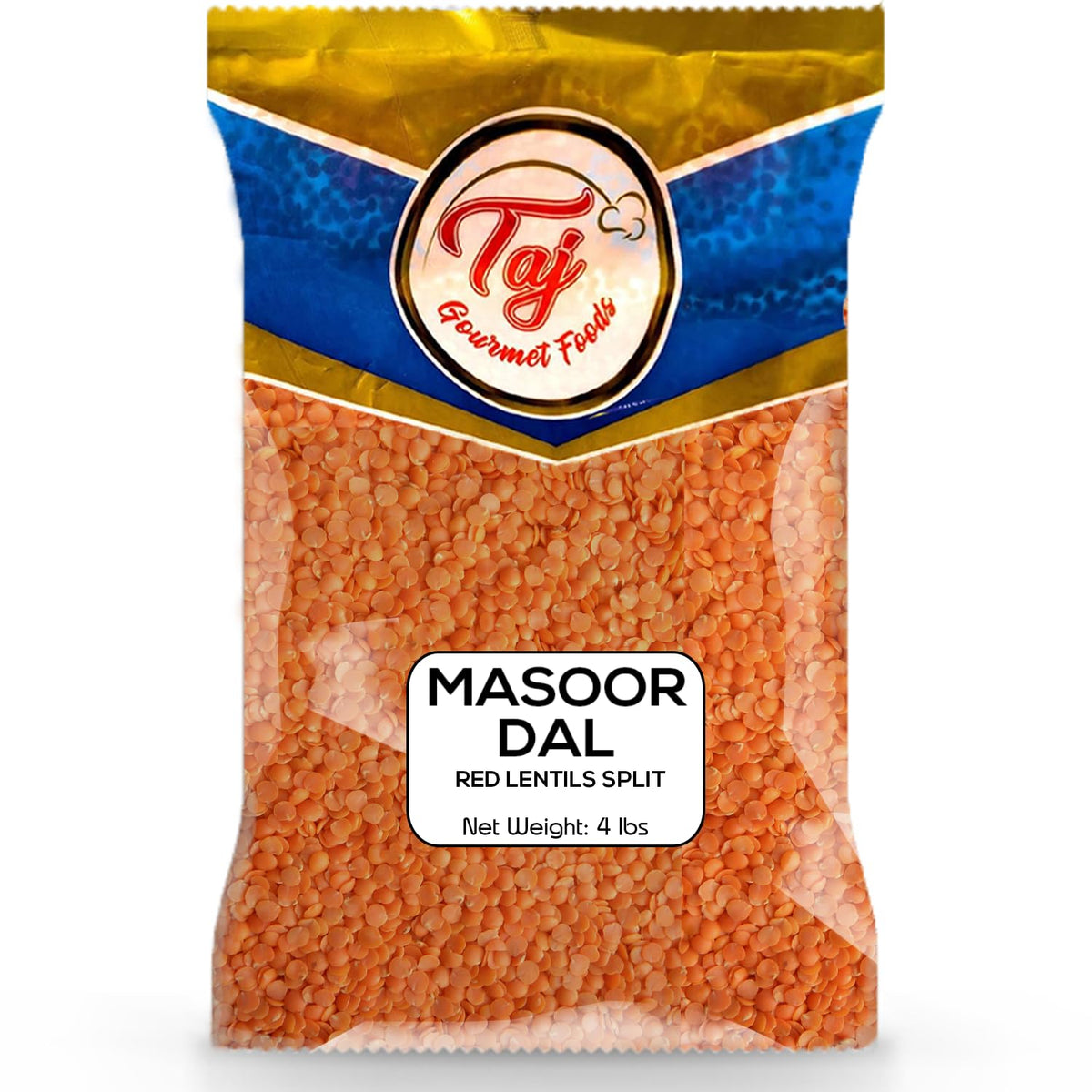 TAJ Gourmet Masoor Dal 4lb pack for easy pantry staples and Indian cooking.