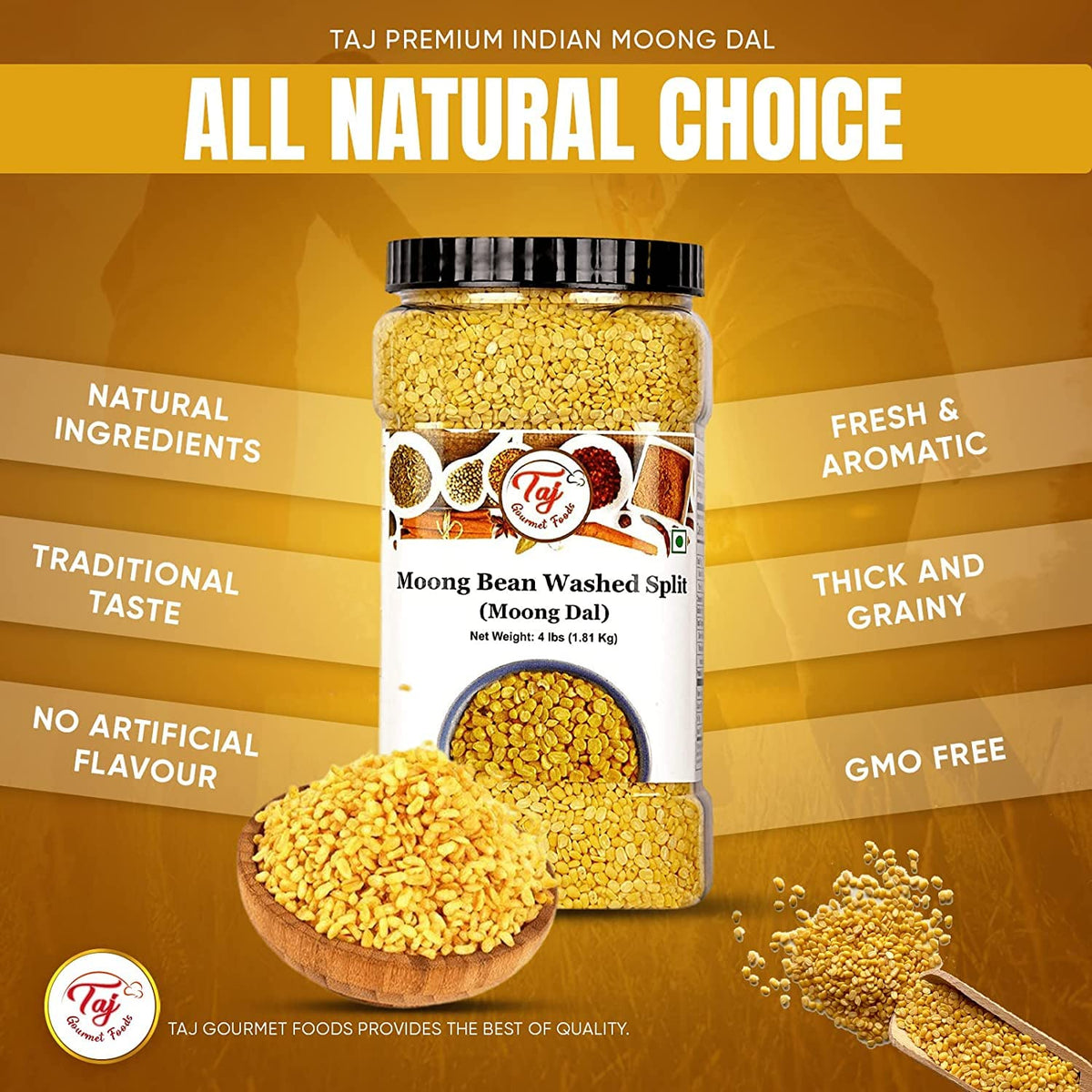 TAJ Moong Dal bag on kitchen counter, convenient family size.