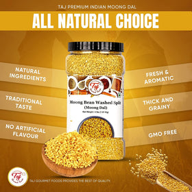 TAJ Moong Dal bag on kitchen counter, convenient family size.