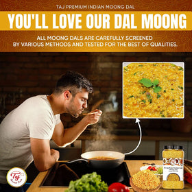 TAJ Gourmet Moong Dal on grocery store shelf, pantry staple.