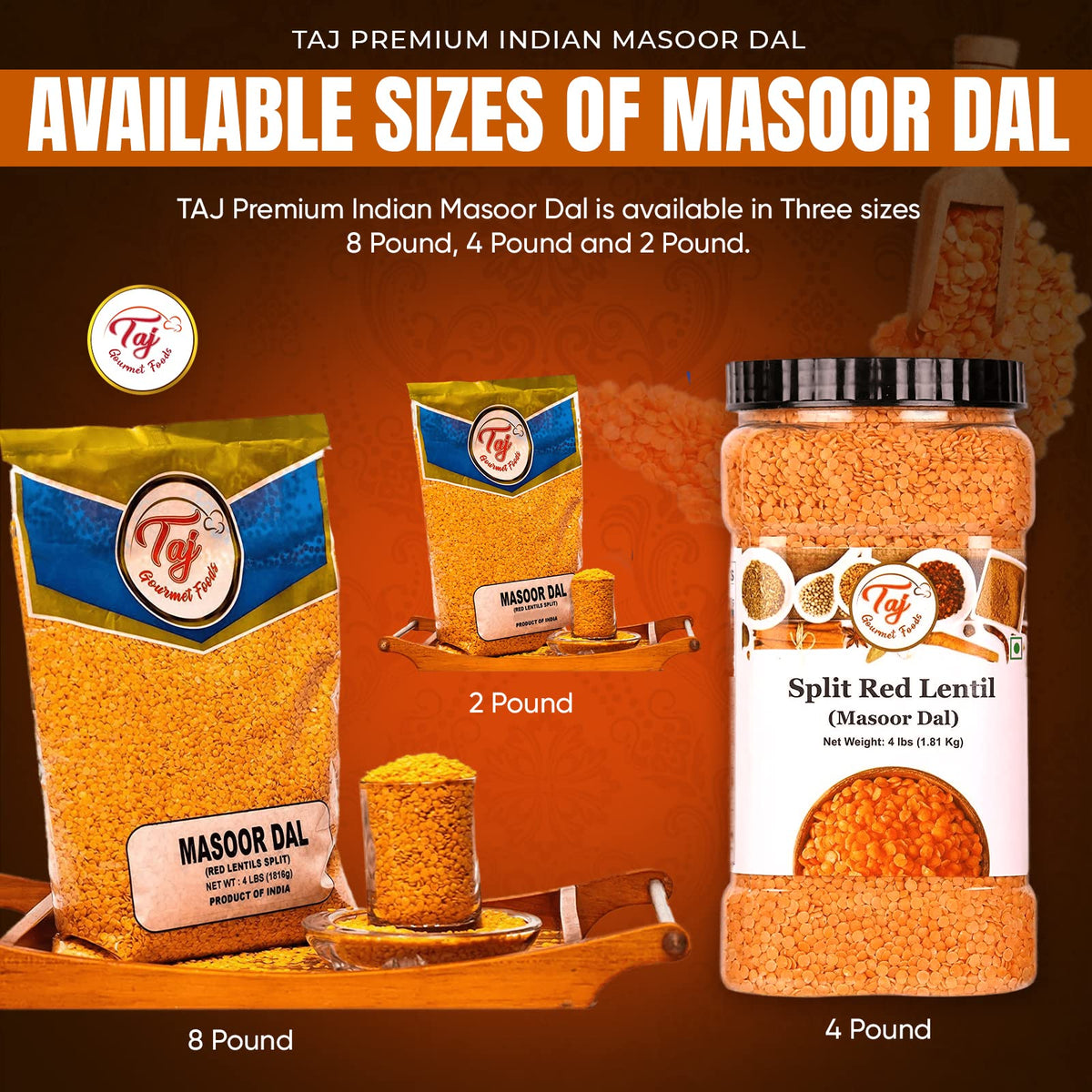 TAJ Gourmet nutrition label emphasizing fiber and protein in red lentils.
