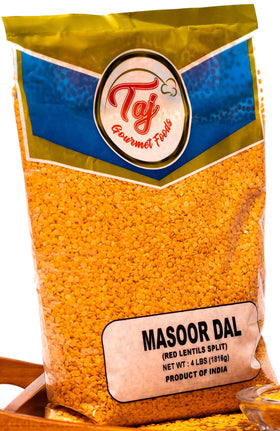 TAJ Gourmet red lentils dry bulk ideal for dals, soups, and nourishing meals.